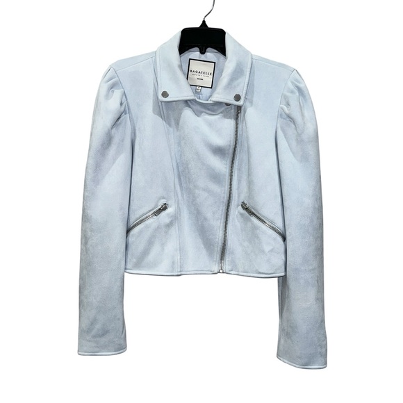 Bagatelle Faux Suede Moto Jacket Puff Sleeve Zip Front Powder Blue M NWT - Picture 1 of 13